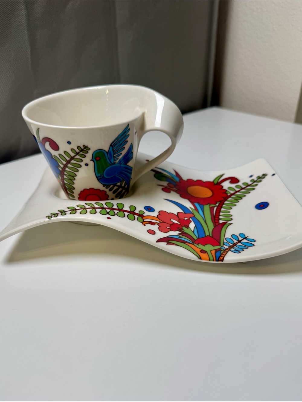 Villeroy & Boch Porcelain Cup and Saucer with Multicolor Floral & Bird Design
